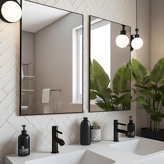 Black Bathroom Mirror 24x36 Inch Rectangular Wall Mirrors Modern Farmhouse Mirror Mounted Rectangle Hanging Mirror Frosted Metal Frame for Bathroom Bedroom Entryway Living/Dressing Room
