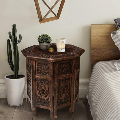 The Wooden Town End Tables for Living Room– Hand Carved Vintage Boho Folding Side Tables for Small Spaces, Entryway, Living Room, Bedroom – No Tools Assembly, 18"x18" Octagon, Scorch Burnt Finish