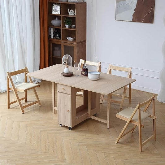Wood Drop Leaf Folding Dining Table with 2 Drawers and 4 Wheels, Wood Padded Folding Chairs Set of 2, Space Saving Dining Table with 2 Chairs