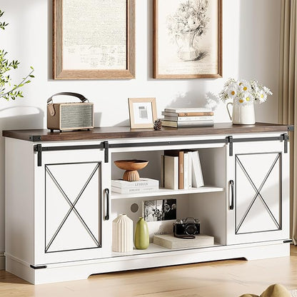 CABIHOME Farmhouse TV Stand and Entertainment Center for TV Up to 65 Inches with Sliding Barn Doors, TV Media Storage Console Table and Furniture for Living Room, Bedroom, White & Brown