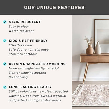 Washable Neutral Farmhouse Large Entryway Rug, 3x6 Area Rugs for Kitchen, Bedroom Beside Bed, Nursery Room, Boho Vintage Floral Non-Slip Throw Rug Low Pile Stain Resistant (3x6 Beige/Latte)
