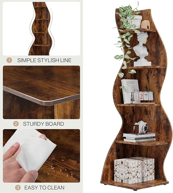 Tribesigns Corner Shelf, Rustic 5-Tier Wall Corner Bookshelf, Stylish Corner Small Bookcase Storage Rack Plant Stand with Unique Shape for Living Room, Home Office (1PC, Brown)