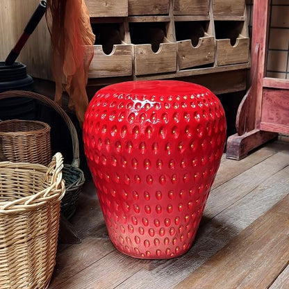 18" Red Strawberry Stool Statue Fruit-Inspired Side Table Indoor Outdoor Accent Seat Plant Stand MGO Garden Stool for Patio Balcony or Living Room Decor