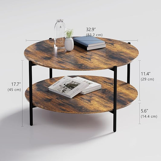 Round Coffee Table, 2-Tier 32.9" Circle Coffee Tables with Storage Wood Rustic Farmhouse Center Circular Coffee Table for Living Room Bedroom Balcony Office - Walnut