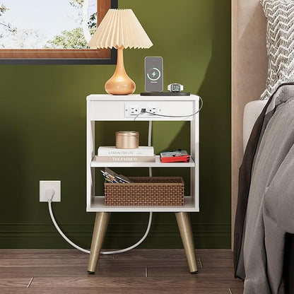 WLIVE White Nightstand, Bedside Tables, Night Stand with Charger Station, Side Table with Storage Shelf, End Table with USB Ports and Outlets for Bedroom, 15.12" D x 11.73" W x 23.74" H