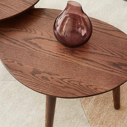 Small Oval Coffee Table, 33.5" Mid Century Modern Coffee Table for Living Room, 100% Solid Oak Wood Side Table, Minimalist Display Center Table (Walnut Color, 33.46''Wx22.83''Dx15.74''H)