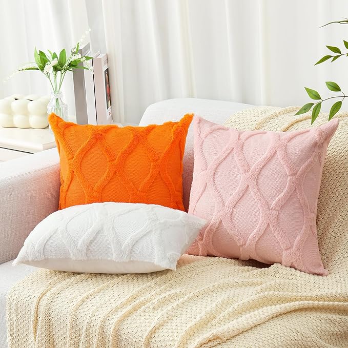 decorUhome Fall Throw Pillow Covers 24x24 Inch Set of 2, Soft Plush Faux Fur Wool Orange Couch Pillow Covers, Decorative Neutral Pillow Cases for Bed Sofa Living Room Home Decor
