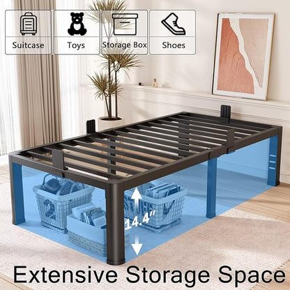 FUIOBYVV 16 Inch Twin XL Bed Frame with Rounded Corner and Headboard Hole Mattress Retainers 3500 LBS Metal Heavy Duty Steel Slats Support No Box Spring Needed Platform Noise Free Easy Assembly