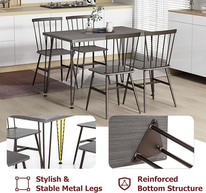 Tangkula Dining Table Set for 4, Kitchen Table and Chairs Set of 4 w/Metal Frame, 360° Swivel Feet, Space-Saving Dinette Table Set for Living Room, Restaurant, Breakfast Nook (Grey Oak)