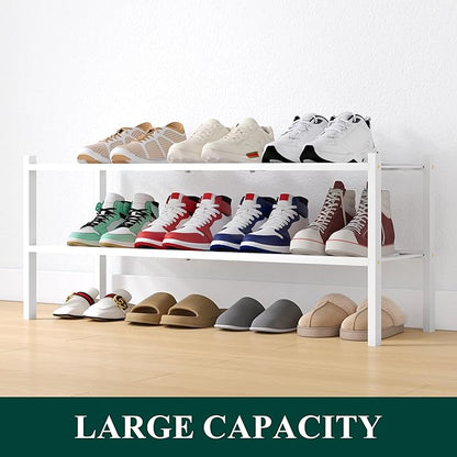 Smiry Shoe Rack, 2 Tier Long Bamboo Shoe Organizer, Stackable Free Standing Wooden Shoe Storage Shelf for Closet, Entryway, Front Door Entrance, White