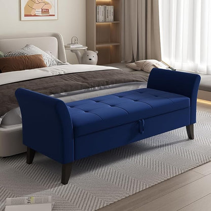 Furniliving Storage Ottoman Bench, Velvet Benches End of Bed Bench with Solid Wood Legs Upholstered Ottoman Bench with Storage Indoor Bench for Living Room with Rolled Arm, Entryway, NavyBlue