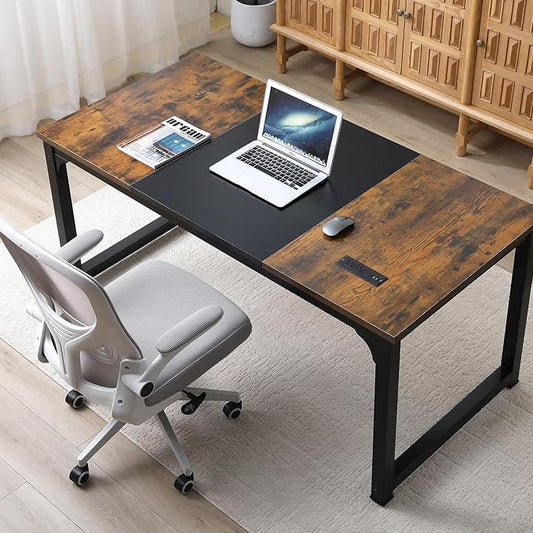 Large Computer Desk - 63 Inch Home Office Desks Study Student Writing Table Gaming Desk Wood Modern Simple Table with USB Ports, Vintage + Black