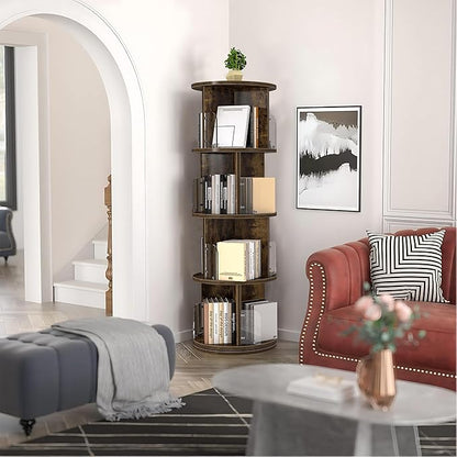 VECELO Rotating Bookshelf Tower, 360°Revolving Bookcase, Round Book Shelf Rotating, Stackable Storage Display Rack Floor Standing, Corner Bookshelf for Home Office, Brown