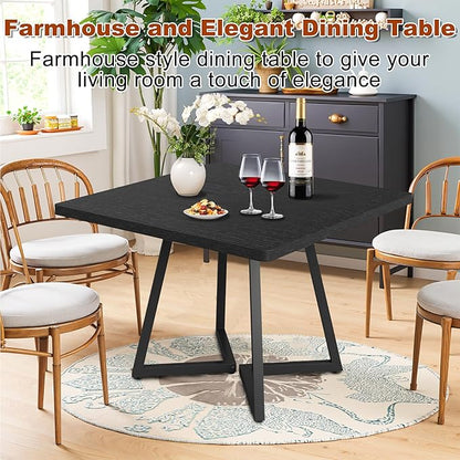 Square Dining Table for 4, 31.5-Inch Farmhouse Dinner Table Wooden Kitchen Tables with Metal Base for Dining Room, Kitchen, Living Room, Black