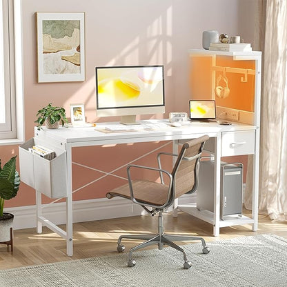 TIQLAB Gaming Desk 47 inch with Power Outlet and LED Light, Computer Desk with Reversible Shelves and Storage Drawer, Small PC Desk for Home Office Table with Bag, Carbon Fiber White