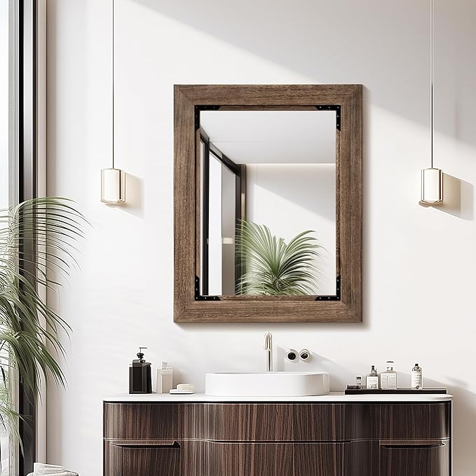 28"x36" Solid Wood Bathroom Mirror Tempered Glass for Wall Mounted, Rustic Wood Frame Wall Mirror Decorative for Living Room Bedroom Vanity Mirror, Rustic Brown