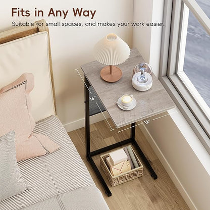Vagusicc C Shaped End Table, Small Side Table for Couch, Couch Side Table C Table for Small Space, TV Tray Slide Under Sofa Snack Table with Metal Frame for Living Room, Bedroom, Bedside, Grey