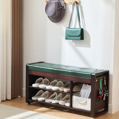 Nnewvante 37.4 inch Shoe Bench with Green Leather Cushion, 3-Tier Large Shoe Rack for Entryway Organizer, 100% Bamboo Ottoman Upholstered Bench for Hallway, Living Room, End of Bed Padded Bench