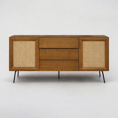 NTC MOSSIC Sideboard with 2 Doors and 3 Drawers, Buffet Cabinet with Natural Rattan and Metal Legs, Modern Storage Cabinet for Living Room, and Hallway, Effortless Assembly - Rustic Oak