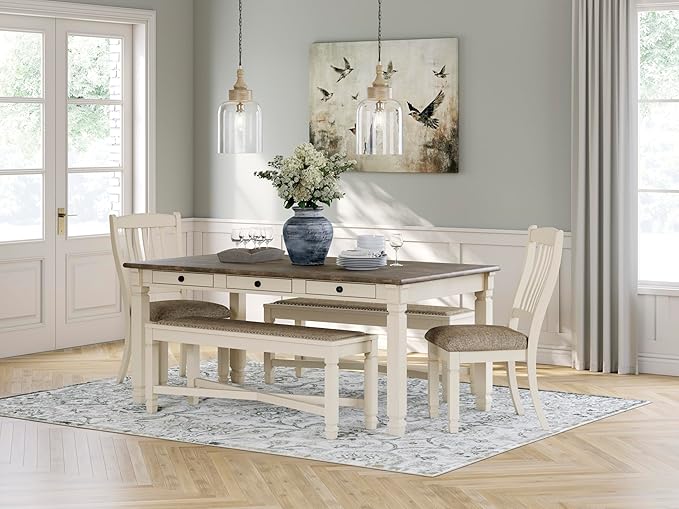 Signature Design by Ashley Bolanburg Farmhouse Dining Table with Drawers, Seats up to 6, Whitewash
