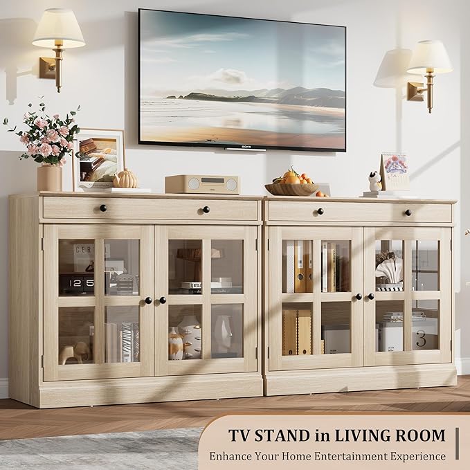 GarveeHome 35.4" Sideboard Buffet Cabinets with Glass Door, Buffet Cabinet with Storage, Oak Sideboard Cabinet with Drawer, Modern Buffets & Sideboards for Dining Room, Kitchen