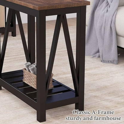 ChooChoo Farmhouse End Table, Rustic Vintage Narrow End Side Table with Storage Shelf for Small Spaces, Nightstand Sofa Table for Living Room, Bedroom Black