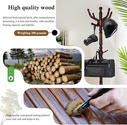 Coat Rack Stand, Solid Wooden Coat Tree with 11 Hooks, Heavy Duty Coat Rack Freestanding with Sturdy Round Base, Natural Birch Wood Coat Hanger Stand for Entryway Bedroom (Circular)