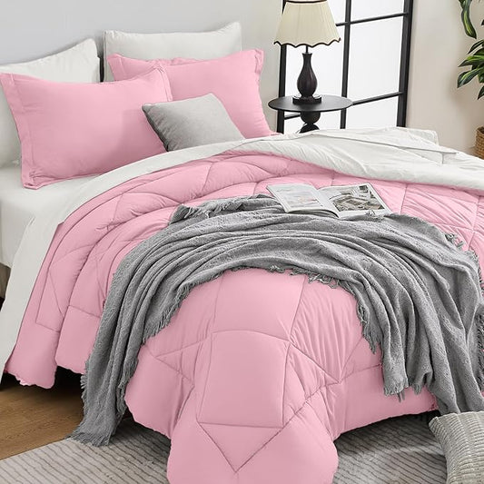 HEVUMYI Queen Comforter Set - 7-Piece All Season Bed in a Bag Queen, Ultra Soft Bedding Set with Comforter, Flat Sheet, Fitted Sheet, Pillowcases, Pillow Shams, Pink & Ivory