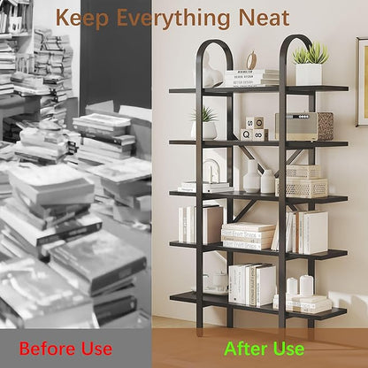 Wide Bookshelf Arched Bookcase, Industrial 5 Tier Open Book Shelves with Metal Frame, 72" Tall Freestanding Heavy Duty Display Rack for Home Office, Living Room,Black,Easy Assembly