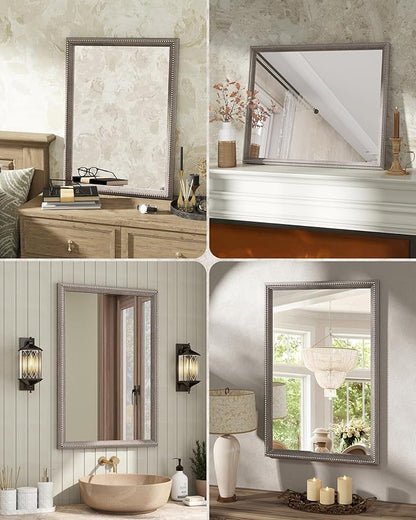 Axeman 22x30 Wood Wall Mirror, Rustic Bathroom Mirror, Vintage Wall Mounted Mirror Tempered Glass with Beaded Wooden Frame for Farmhouse Living Room Vanity Bedroom Entryway, Grey