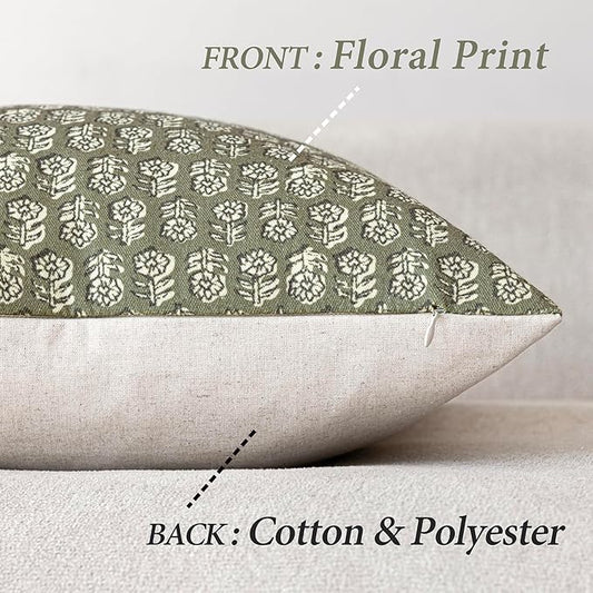 Foindtower Set of 2 Decorative Neutral Floral Print Throw Pillow Covers Vintage Accent Farmhouse Cushion Covers Boho Home Decor for Sofa Couch Chair Bedroom Living Room Outdoor,20×20 Inch,Sage Green