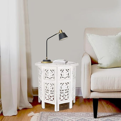 The Wooden Town Handcrafted White Wood End Table - Antique Finish, Small Accent Table 18"x18" for Living Room, Bedroom, Sofa Side or Nightstand Use