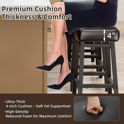 Counter Height Bar Stools Set of 2, 24 Inch Backless BarStools for Kitchen Island Leather Saddle Bar Chairs Kitchen Stools with 4" Thick Seats & Heavy Duty Metal Base, Black