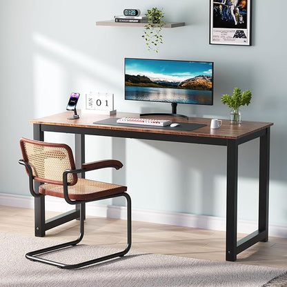 Decoholic 55 Inch Computer Desk, Home & Office PC Laptop Study Writing Table Workstation with Leg Bars, Modern Simple Industrial Style, Rustic Brown