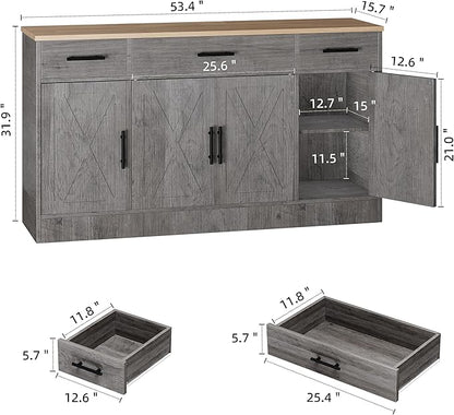 Shintenchi Buffet Cabinet with Storage,53.4" Large Kitchen Storage Cabinet with 3 Drawers and 4 Doors,Wood Farmhouse Buffet Sideboard with Adjustable Shelf for Kitchen Living Room,Ash Grey