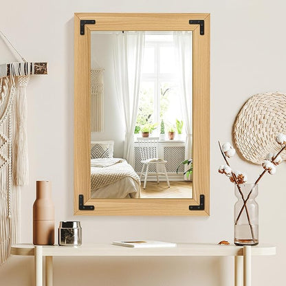 Bathroom Mirror for Wall with Wooden Frame, 36"x24" Solid Wood Vanity Mirror for Farmhouse, Bathroom, Bedroom Decor, Vertical or Horizontal Hanging(Natural)