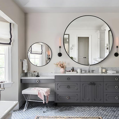 Black Round Mirror, 48" Wall Mounted Aluminum Alloy Frame - Large Round Mirror for Bathroom, Entryway, Living Room