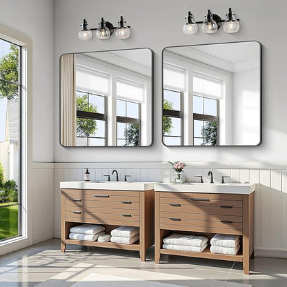 KOCUUY 42"x42" Large Square Vanity Mirror, Black Metal Frame Mirror with Rounded Corner, Modern Design of Upgraded Shatterproof Glass for Bathroom, Bedroom, Living Room, Entryway