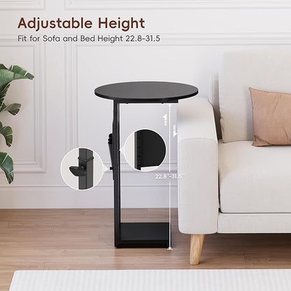 Vagusicc C Shaped End Table with Charging Station, 32" Tall Side Table for Couch and Recliner, Adjustable Height Small Couch Side Table Slide Under Sofa TV Tray Table for Living Room, Bedroom, Black