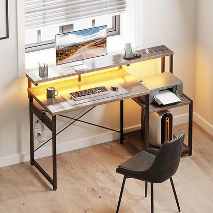 AODK Computer Desk, 48 Inch Gaming Desk with Led Lights & Power Outlet, Office Desk with Storage Shelves, Reversible Desk with Monitor Shelf & Headphone Hook, Grey Oak