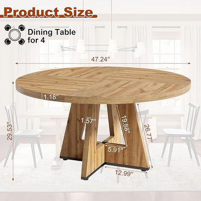 Round Dining Table for 4, 47 Inch Dinner Table Farmhouse Wooden Circle Kitchen Tables with Cross Base for Dining Room, Kitchen, Living Room, Retro Brown