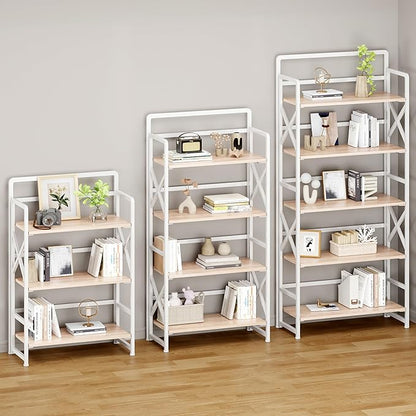 No Assembly Folding Bookshelf, 5 Tiers Vintage Wood Collapsible Book Shelf for Storage,Industrial Metal Foldable Bookcase Organizer for Living Room Bedroom Home Office (Beige)