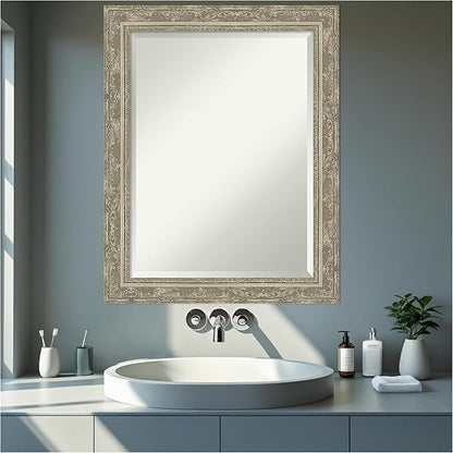 Amanti Art Bathroom Mirror for Over Sink, 29x23 Filigree Silver Rectangle Vanity Mirror, Medium Traditional Frame, Hangs Horizonally and Vertically, Bathroom Wall Decor, Beveled Edge