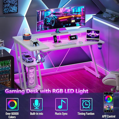 55 Inch White Gaming Desk with Power Outlet & LED Lights, L Shaped Computer Desk Gaming with 3 Tiers Storage Shelves, Reversible Corner Desk with Monitor Stand for Bedroom