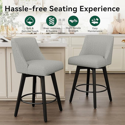Vipbear Swivel Counter Height Bar Stools Set of 2,26.8" H Counter Stools with Back, Mid Century Modern Bar Stools for Kitchen Island,Linen Fabric,Wooden Base, Light Gray