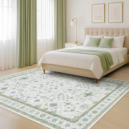 Oushak Area Rug for Bedroom 5x7 - Blue and Green Vintage Boho Floral Geometric, Washable Low Pile Non Slip Area Rugs for Nursery Room, Foyer, Cozy Aesthetic Room Decor