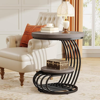 Tribesigns Round End Table: 2 Tiers Wood Side Table Set of 2 with Storage Shelf, Rustic Gray Bedside Nightstand, Accent Table for Living Room, Bedroom