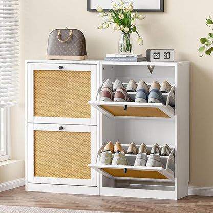 Shoe Storage Cabinet for Entryway with 2 Flip Drawers, Narrow Wood Shoe Cabinet with Rattan Panel, Freestanding Hidden Shoe Organizer for Foyer, Hallway, Small Space (White)