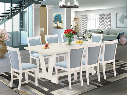 East West Furniture V027MZ015-9 9 Piece Kitchen Table & Chairs Set Includes a Rectangle Dining Room Table with V-Legs and 8 Baby Blue Linen Fabric Parsons Chairs, 40x72 Inch, Multi-Color
