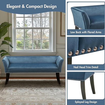 Madison Park Accent Bench, Upholstered with Nailhead Trim, & Padded Seat Entryway Bench Small, End of Bed Bench with Back, 49.5" W x 19.25" D x 23" H, Blue